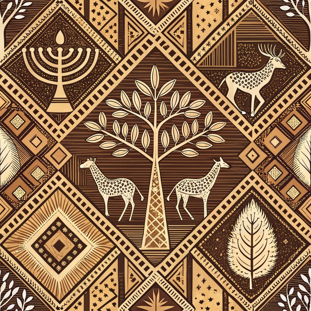 brown, tan, beige, cream, geometric patterns, diamond shapes, tribal motifs, menorah, tree of life, giraffes, deer, stag, feather, leaf designs, african inspired, mud cloth style, line art, quilting cotton, fabric panel, earth tones, natural elements, wildlife silhouettes