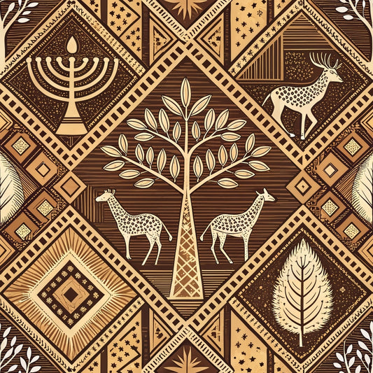 brown, tan, beige, cream, geometric patterns, diamond shapes, tribal motifs, menorah, tree of life, giraffes, deer, stag, feather, leaf designs, african inspired, mud cloth style, line art, quilting cotton, fabric panel, earth tones, natural elements, wildlife silhouettes
