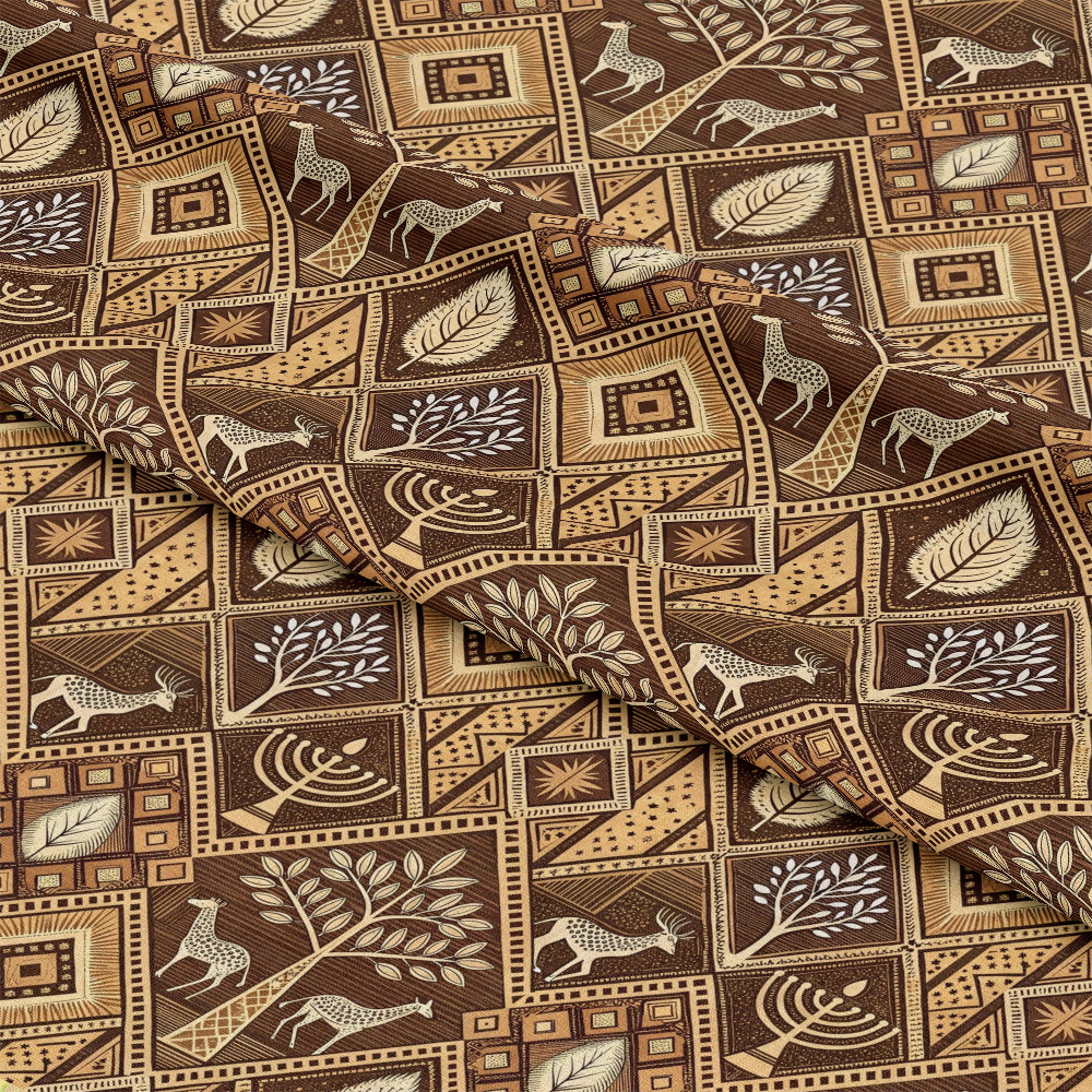 African Mud Cloth Line Art Pattern 10 Quilting Cotton Fabric featuring brown, beige, tan colors; geometric shapes, tribal motifs, animal silhouettes, leaves, trees; ethnic, traditional African style, cotton textile, quilting fabric, yardage material.