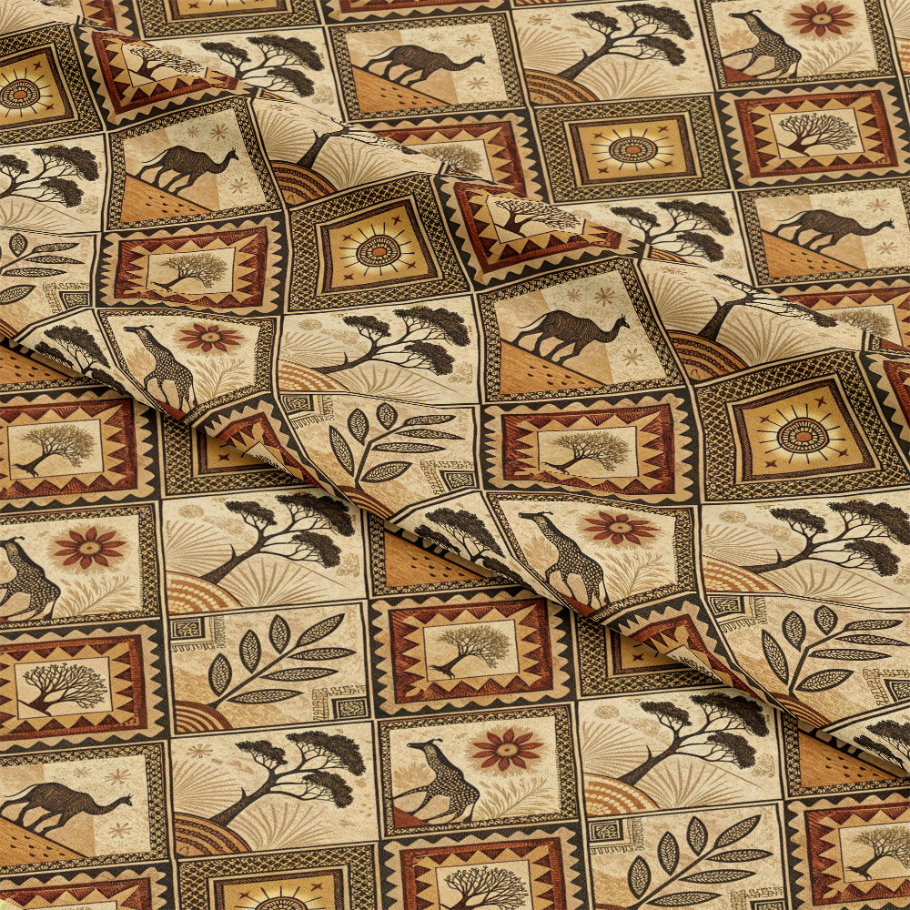 African Mud Cloth Line Art Pattern 1 Quilting Cotton Fabric with earthy tones, geometric shapes, camels, giraffes, trees, sun motifs, traditional African-inspired design, beige, brown, tan, black colors, quilting textile, cotton material, premium yardage.