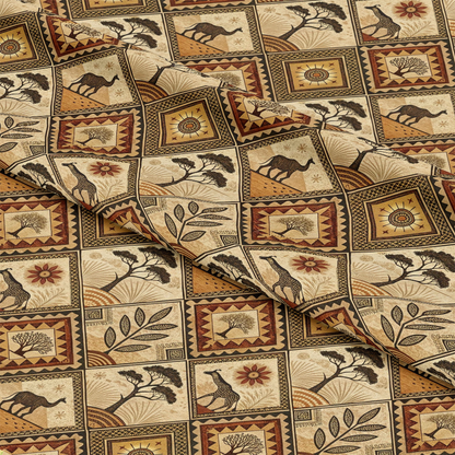 African Mud Cloth Line Art Pattern 1 Quilting Cotton Fabric with earthy tones, geometric shapes, camels, giraffes, trees, sun motifs, traditional African-inspired design, beige, brown, tan, black colors, quilting textile, cotton material, premium yardage.