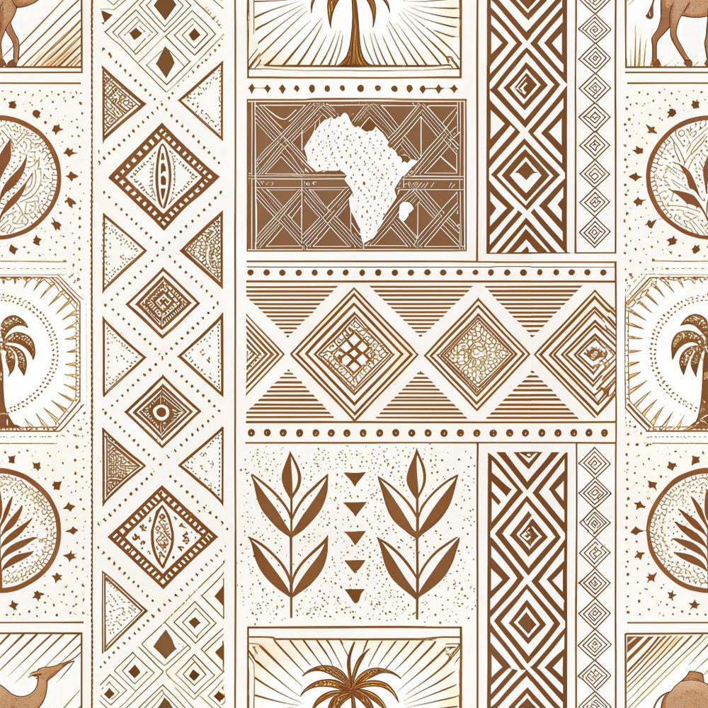 African Mud Cloth Line Art Pattern 2 Quilting Cotton Fabric featuring brown and beige geometric shapes, tribal symbols, Africa map motifs, floral elements, natural tones, traditional design, textile print, quilting material, premium cotton fabric, cultural inspired pattern, handmade look.