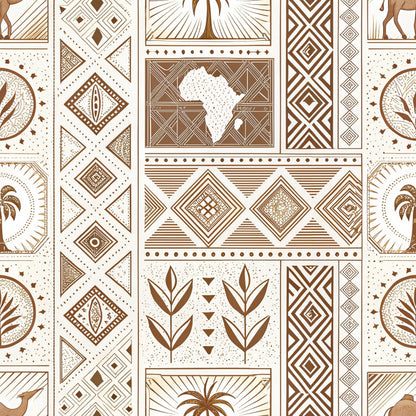 African Mud Cloth Line Art Pattern 2 Quilting Cotton Fabric featuring brown and beige geometric shapes, tribal symbols, Africa map motifs, floral elements, natural tones, traditional design, textile print, quilting material, premium cotton fabric, cultural inspired pattern, handmade look.