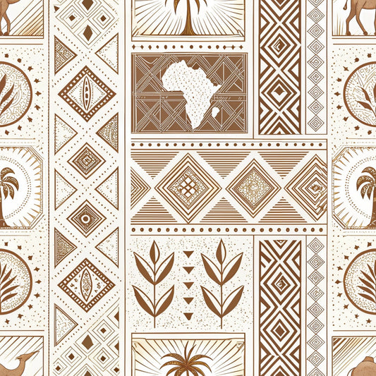 brown, cream, beige, geometric patterns, african motifs, mud cloth design, line art, tribal patterns, diamond shapes, continental silhouette, botanical elements, palm trees, abstract designs, quilting cotton, fabric panel, earthy tones, ethnic patterns, repetitive motifs, cultural artwork, decorative blocks