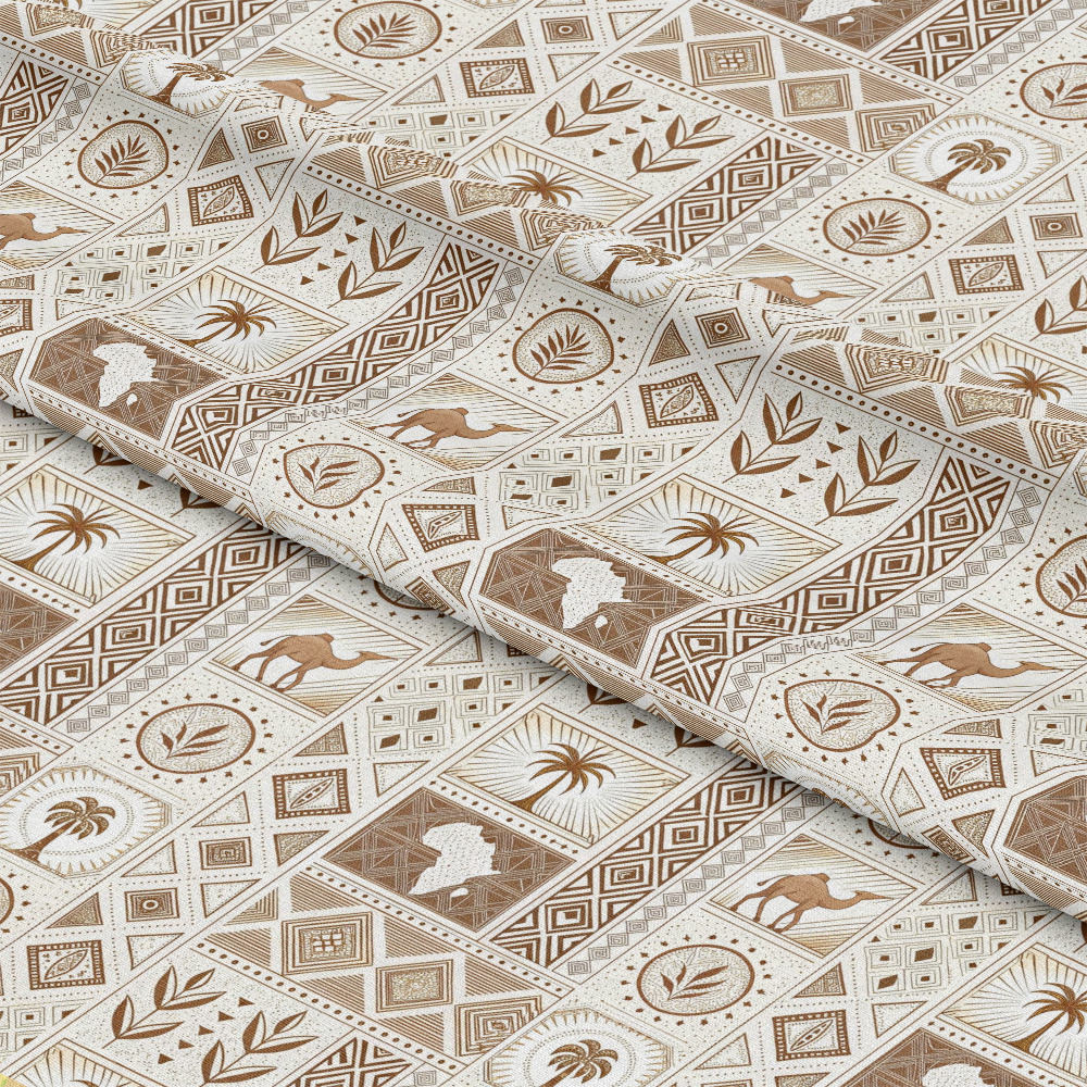 African Mud Cloth Line Art Pattern 2 Quilting Cotton Fabric featuring beige, brown, tan colors with traditional African motifs, geometric shapes, tribal designs, camel and palm tree illustrations, earthy tones, natural style, cultural textile, quilting fabric, soft cotton material.