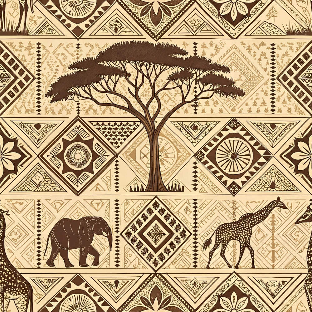 beige, cream, brown, geometric patterns, african motifs, acacia tree, elephant, giraffe, tribal designs, diamond shapes, zigzag lines, mud cloth style, line art, safari animals, ethnic patterns, quilting cotton, fabric panel, earth tones, botanical elements, cultural artwork