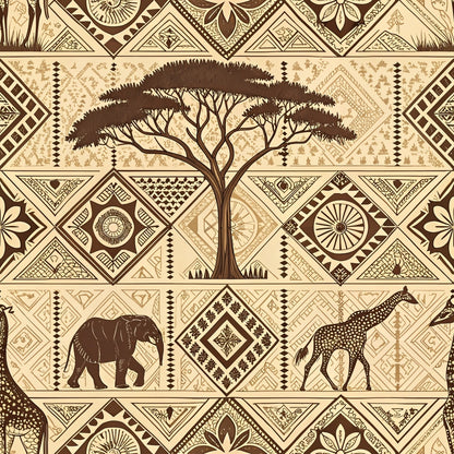 beige, cream, brown, geometric patterns, african motifs, acacia tree, elephant, giraffe, tribal designs, diamond shapes, zigzag lines, mud cloth style, line art, safari animals, ethnic patterns, quilting cotton, fabric panel, earth tones, botanical elements, cultural artwork