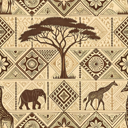 beige, cream, brown, geometric patterns, african motifs, acacia tree, elephant, giraffe, tribal designs, diamond shapes, zigzag lines, mud cloth style, line art, safari animals, ethnic patterns, quilting cotton, fabric panel, earth tones, botanical elements, cultural artwork