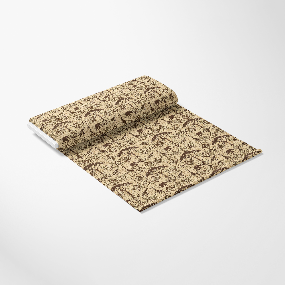 - African Mud Cloth Line Art Pattern 3 Quilting Cotton Fabric  
- beige background  
- brown motifs  
- tribal design  
- geometric shapes  
- animal silhouettes  
- natural tones  
- traditional style  
- soft texture  
- quilting material  
- cotton textile  
- fabric yardage  
- premium cotton