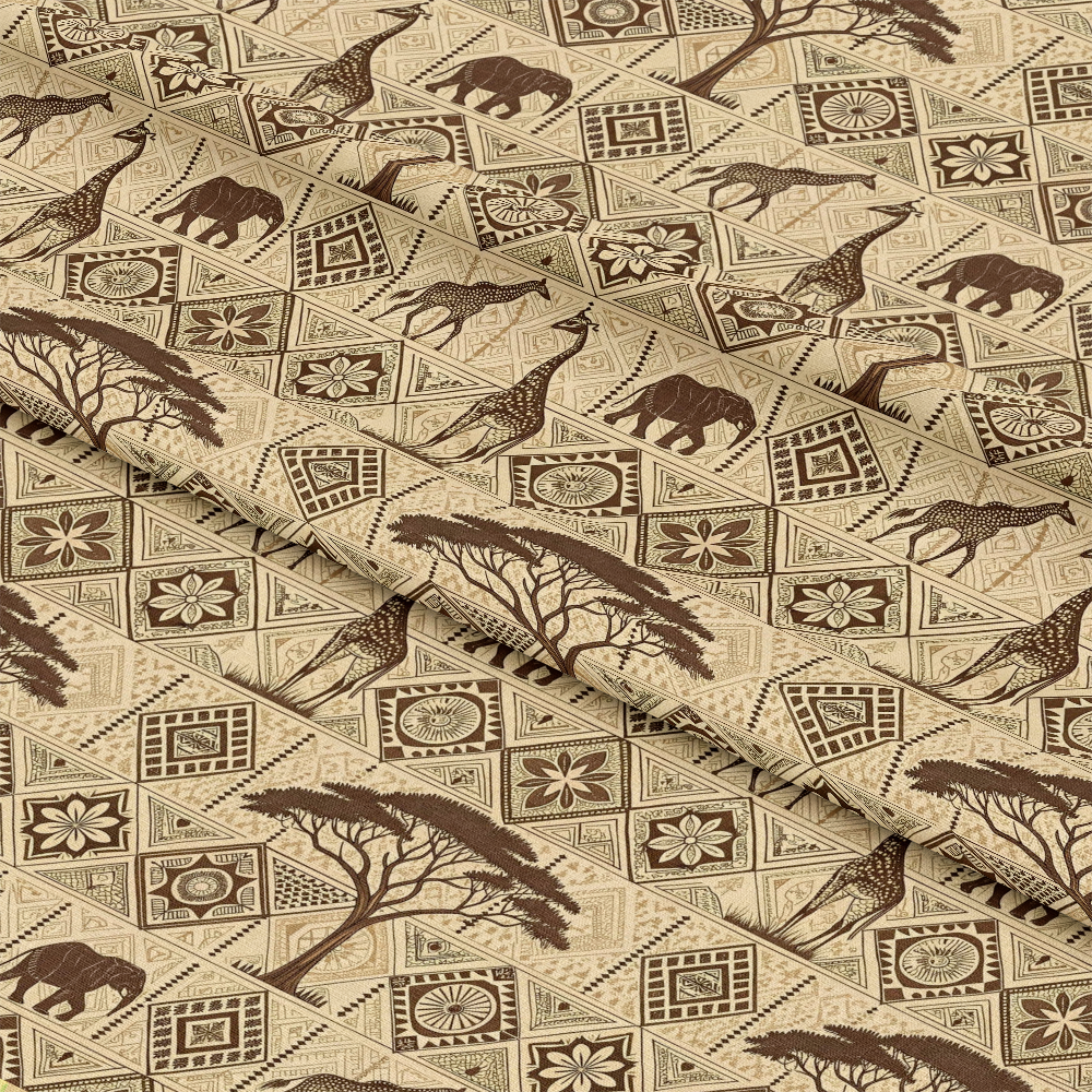 African Mud Cloth Line Art Pattern 3 Quilting Cotton Fabric featuring beige, brown, tan colors, African wildlife motifs, geometric shapes, tribal line art, natural, earthy tones, quilting material, soft texture, traditional design, cotton textile.