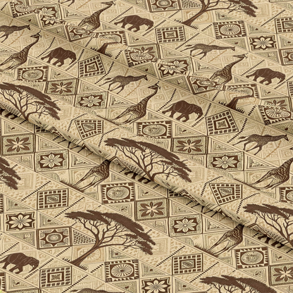 African Mud Cloth Line Art Pattern 3 Quilting Cotton Fabric featuring beige, brown, tan colors, African wildlife motifs, geometric shapes, tribal line art, natural, earthy tones, quilting material, soft texture, traditional design, cotton textile.