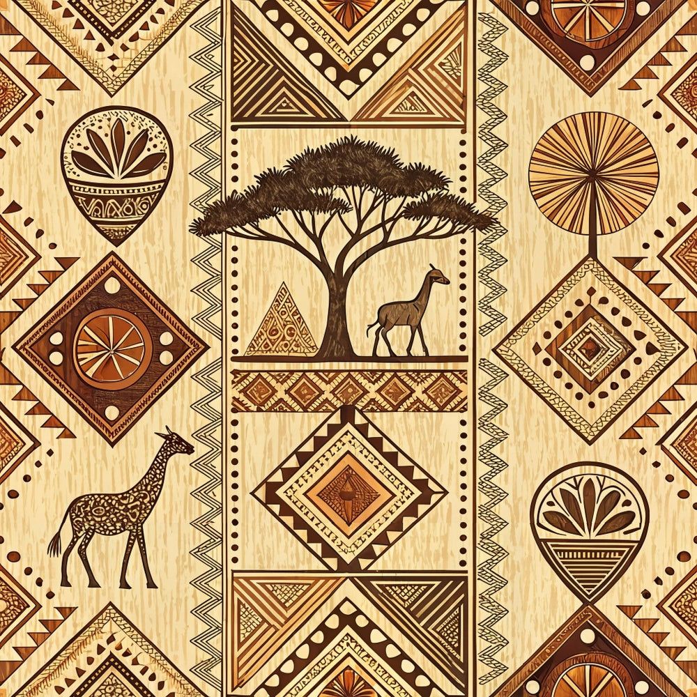african mud cloth, geometric patterns, tribal motifs, acacia tree, giraffe, antelope, earth tones, brown, tan, beige, diamond shapes, triangular patterns, dots, lines, ethnic art, quilting cotton, fabric panel, safari animals, african wildlife, tribal designs, native patterns