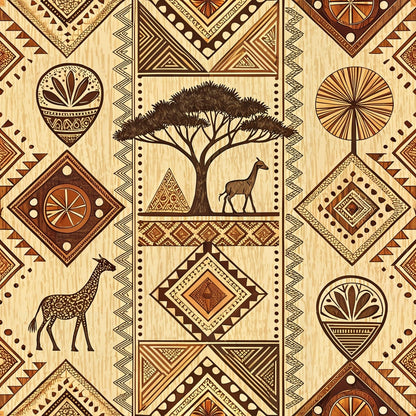 african mud cloth, geometric patterns, tribal motifs, acacia tree, giraffe, antelope, earth tones, brown, tan, beige, diamond shapes, triangular patterns, dots, lines, ethnic art, quilting cotton, fabric panel, safari animals, african wildlife, tribal designs, native patterns