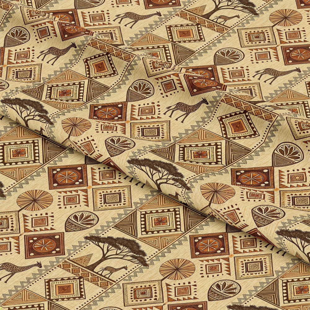 African Mud Cloth Line Art Pattern 4 Quilting Cotton Fabric featuring tribal motifs, geometric shapes, earthy tones, beige, brown, rust, traditional design, textile, sewing material, craft fabric, quilting cotton, linen texture, ethnic print, natural colors, handmade style.