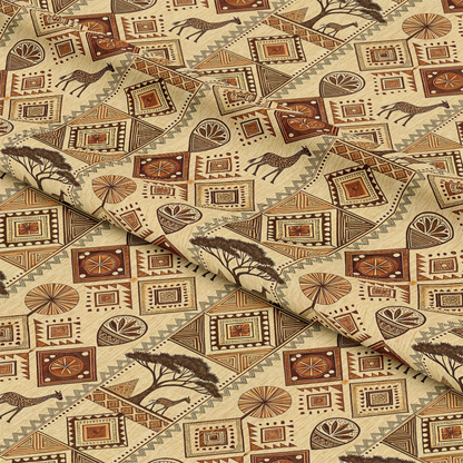 African Mud Cloth Line Art Pattern 4 Quilting Cotton Fabric featuring tribal motifs, geometric shapes, earthy tones, beige, brown, rust, traditional design, textile, sewing material, craft fabric, quilting cotton, linen texture, ethnic print, natural colors, handmade style.