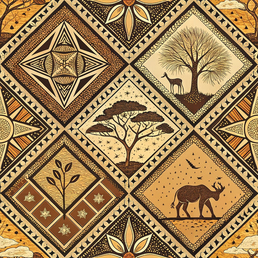 african inspired, mud cloth, geometric patterns, diamond motifs, earth tones, brown, tan, beige, ochre, tribal designs, wildlife silhouettes, deer, elephant, acacia trees, botanical elements, line art, quilting cotton, fabric panel, ethnic motifs, savanna scenes, dotwork patterns