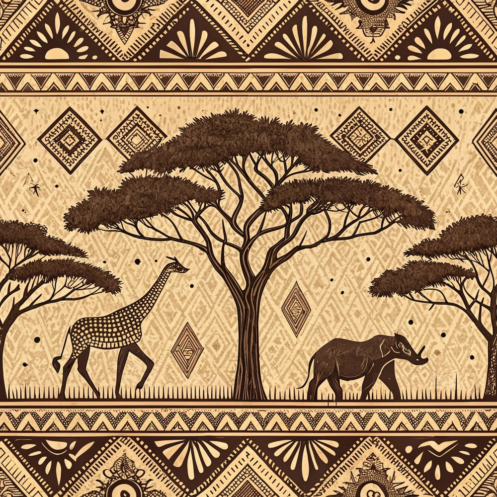 african mud cloth, beige, brown, tan, earth tones, geometric patterns, tribal motifs, acacia trees, giraffe, elephant, safari animals, diamond shapes, zigzag borders, silhouettes, savanna scene, quilting cotton, fabric panel, ethnic art, line art, dotted patterns