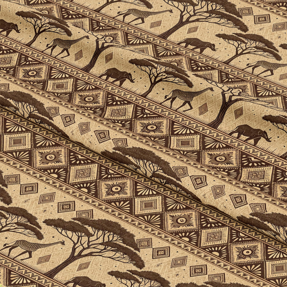African Mud Cloth Line Art Pattern 6 Quilting Cotton Fabric featuring brown and beige tribal designs, wildlife silhouettes including giraffes and elephants, acacia trees, geometric shapes, ethnic motifs, traditional cotton fabric, quilting textile, natural tones, artisanal print, craft material.