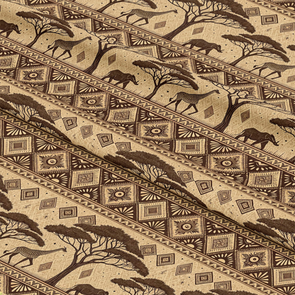African Mud Cloth Line Art Pattern 6 Quilting Cotton Fabric featuring brown and beige tribal designs, wildlife silhouettes including giraffes and elephants, acacia trees, geometric shapes, ethnic motifs, traditional cotton fabric, quilting textile, natural tones, artisanal print, craft material.