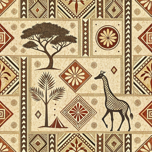 cream, beige, brown, burgundy, geometric patterns, african motifs, giraffe, acacia tree, palm frond, tribal designs, diamond shapes, chevron borders, earth tones, mud cloth style, quilting cotton, fabric panel, botanical elements, safari animals, ethnic art, decorative medallions