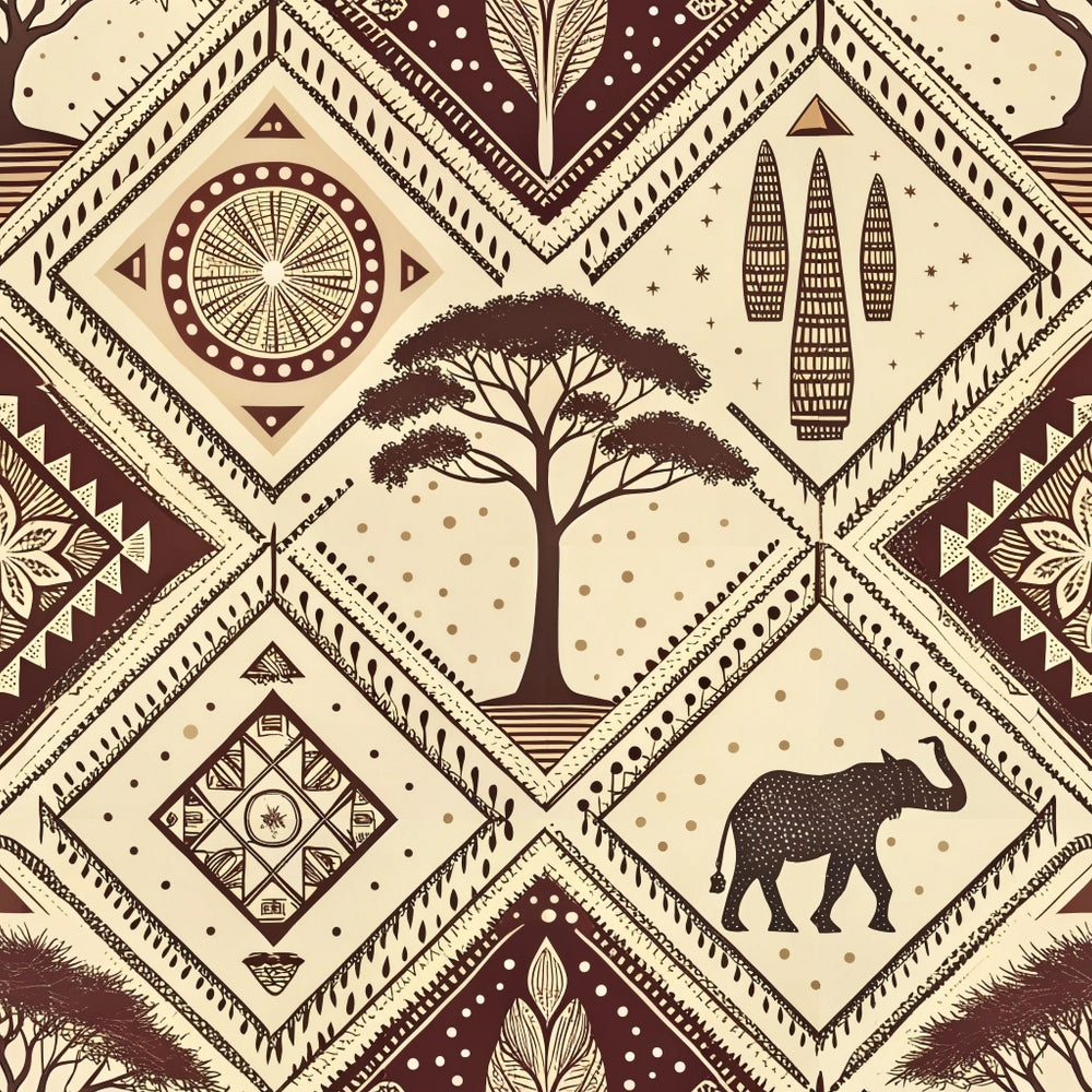 African Mud Cloth Line Art Pattern 8 Quilting Cotton Fabric featuring traditional African motifs, geometric shapes, earthy brown and beige colors, tribal symbols, tree and elephant illustrations, textured textile design, natural cotton material, quilting fabric, organic style cloth, premium fabric for sewing and crafting.