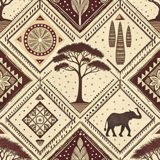brown, cream, beige, geometric patterns, diamond shapes, tribal motifs, acacia tree, elephant silhouette, african inspired, mud cloth style, line art, ethnic designs, safari theme, quilting cotton, fabric panel, earthy tones, cultural patterns, wildlife motifs, botanical elements, repeating design