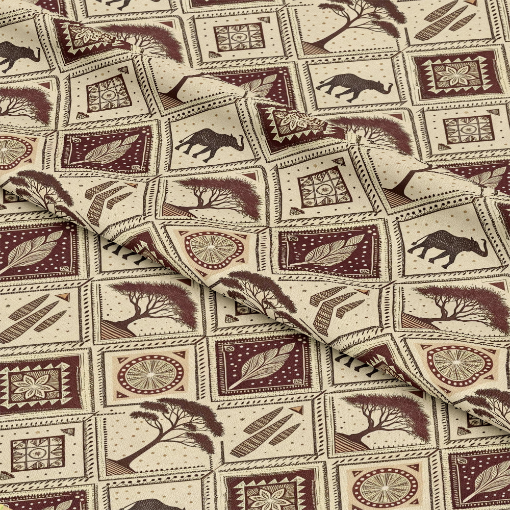 African Mud Cloth Line Art Pattern 8 Quilting Cotton Fabric, quilt, cotton, textile, beige, brown, maroon, tribal, geometric, nature motifs, tree, leaf, animal, bohemian, traditional, square design, fabric yardage, soft, printed
