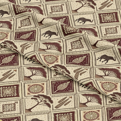 African Mud Cloth Line Art Pattern 8 Quilting Cotton Fabric, quilt, cotton, textile, beige, brown, maroon, tribal, geometric, nature motifs, tree, leaf, animal, bohemian, traditional, square design, fabric yardage, soft, printed