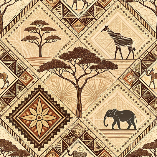 african inspired, mud cloth, geometric patterns, diamond motifs, acacia trees, elephant, giraffe, tribal designs, earth tones, brown, beige, tan, cream, quilting cotton, fabric panel, safari animals, botanical elements, ethnic art, repetitive pattern, african wildlife