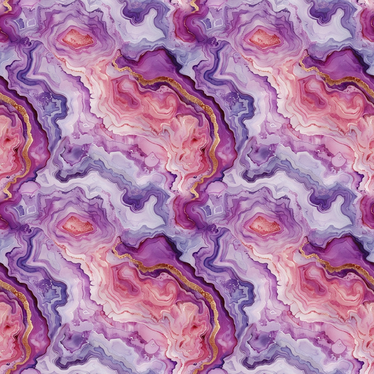 Abstract pattern resembling agate, featuring swirling hues of purple, pink, and lavender with hints of gold.