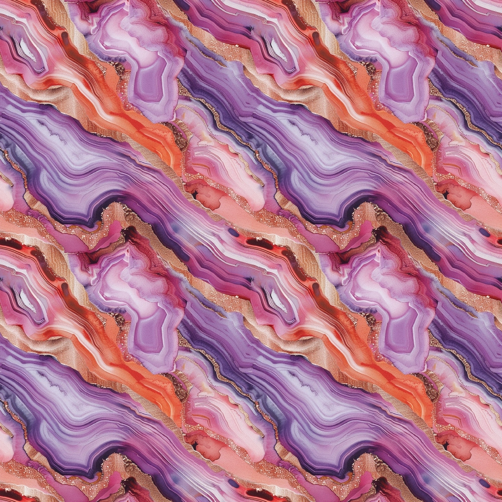 Abstract pattern with flowing waves in shades of purple, pink, and orange. The design features layered, wavy lines resembling agate or marble.