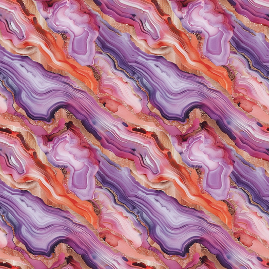 Abstract pattern with flowing waves in shades of purple, pink, and orange. The design features layered, wavy lines resembling agate or marble.