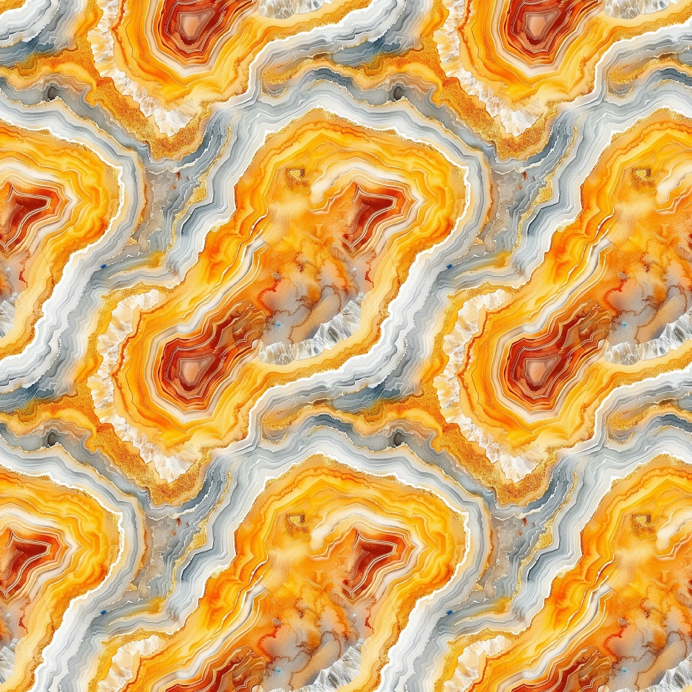 Marbled pattern with swirling layers of orange, yellow, and gray resembling agate or marble.