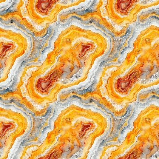 Marbled pattern with swirling layers of orange, yellow, and gray resembling agate or marble.