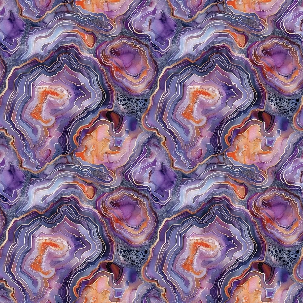 Intricate pattern with swirling layers of purple, orange, and gray resembling geode formations, creating a symmetrical, abstract design.