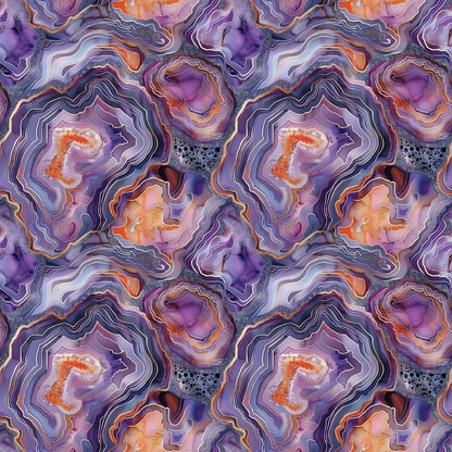 Intricate pattern with swirling layers of purple, orange, and gray resembling geode formations, creating a symmetrical, abstract design.