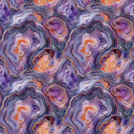 Intricate pattern with swirling layers of purple, orange, and gray resembling geode formations, creating a symmetrical, abstract design.