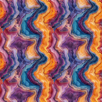 Abstract pattern with wavy lines in vivid colors, including orange, purple, and blue, resembling layered geological formations.