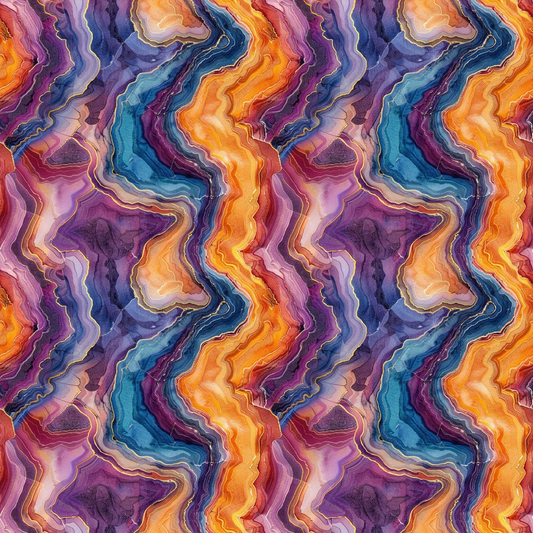 Abstract pattern with wavy lines in vivid colors, including orange, purple, and blue, resembling layered geological formations.