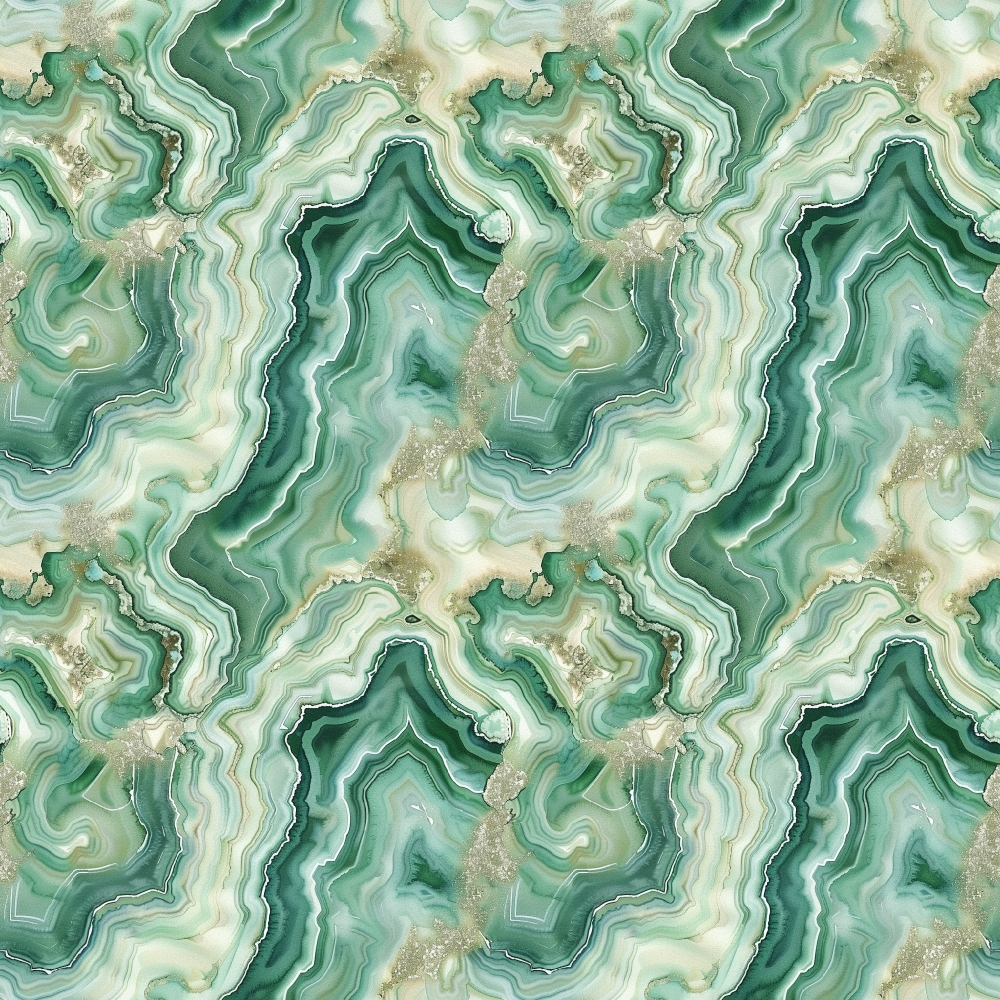 A seamless pattern of swirling green and beige marble textures, resembling natural stone formations with layered waves and mineral-like details.