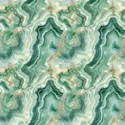 A seamless pattern of swirling green and beige marble textures, resembling natural stone formations with layered waves and mineral-like details.