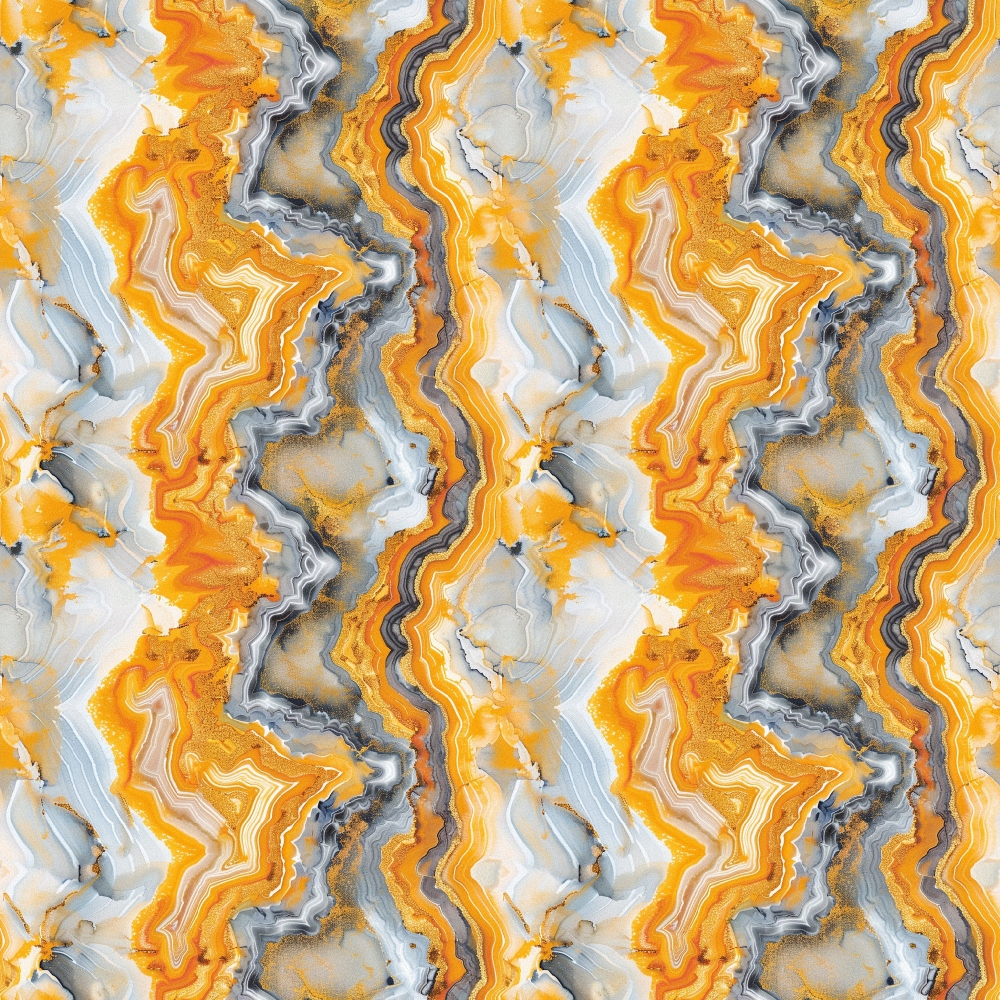 Abstract pattern with wavy lines in orange, white, grey, and black tones, resembling a marbled texture in a symmetrical design.