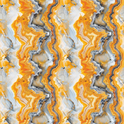 Abstract pattern with wavy lines in orange, white, grey, and black tones, resembling a marbled texture in a symmetrical design.