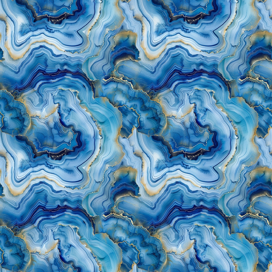 Abstract pattern resembling blue agate with swirling layers of blue, white, and hints of gold, creating a marbled, organic texture.