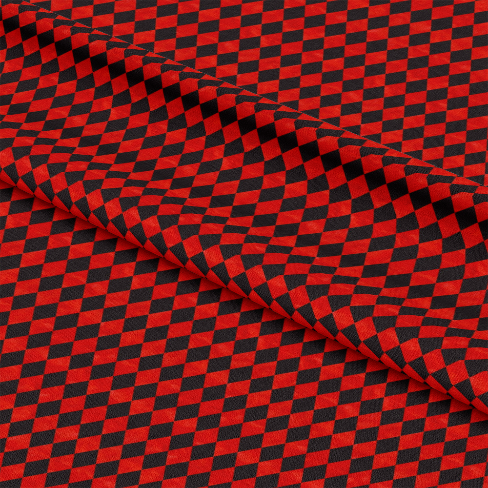 Alice in Wonderland Pattern 10 Quilting Cotton Fabric folded with red and black diamond checkerboard geometric design, cotton textile, fabric yardage, quilting material, vibrant color, soft texture, checker pattern, textile crafts, cotton cloth