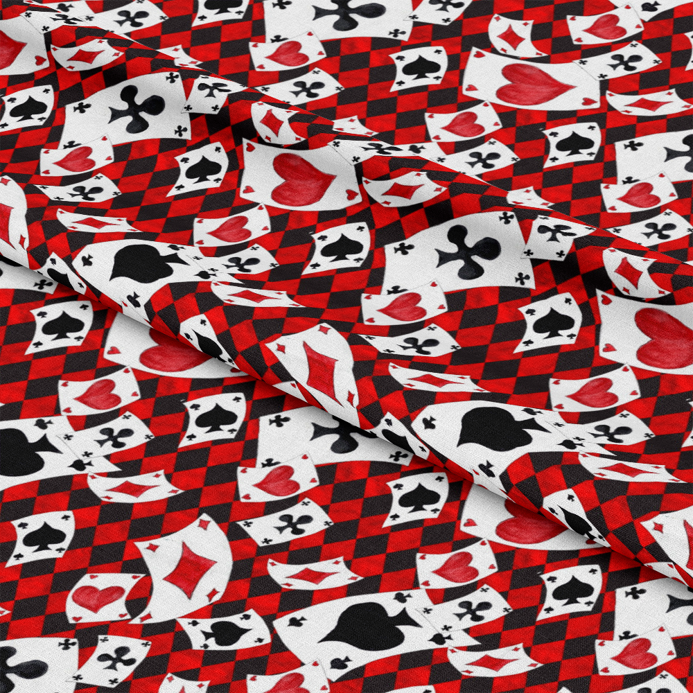 Alice in Wonderland Pattern 3 Quilting Cotton Fabric with red, black, white colors, playing card suits design, diamond checkerboard pattern, cotton textile, quilting material, fabric yardage, premium cotton cloth, decorative print
