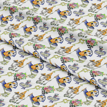 Alice in Wonderland Pattern 5 Quilting Cotton Fabric featuring whimsical vintage-inspired illustrations including keys, flowers, bottles with "Drink me" labels, colorful characters, on a white background, quilting, cotton textile, printed fabric, classic design, crafting material, sewing fabric, premium quilting cotton.