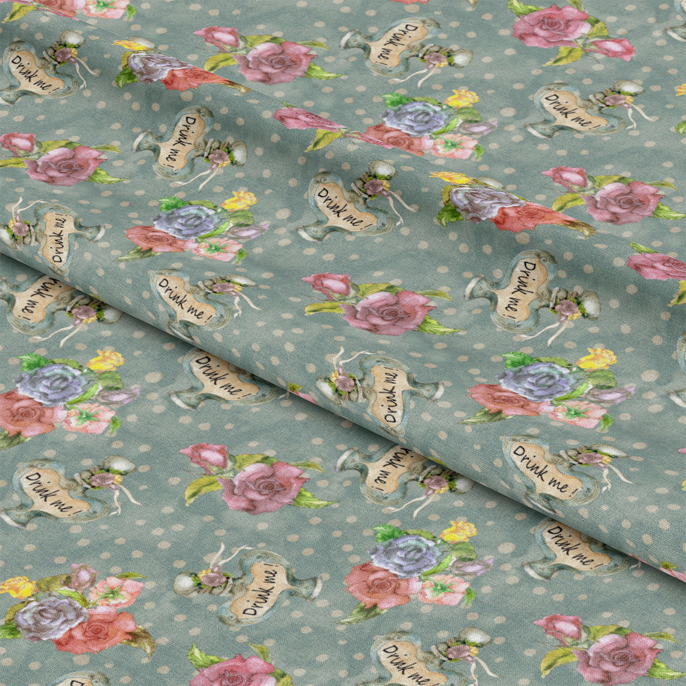 Alice in Wonderland Pattern 6 Quilting Cotton Fabric with pastel floral prints, whimsical "Drink me!" bottle motifs, light blue polka dot background, cotton textile, quilting material, vintage style, soft texture, multicolor designs, whimsical patterns, premium quilting cotton fabric.
