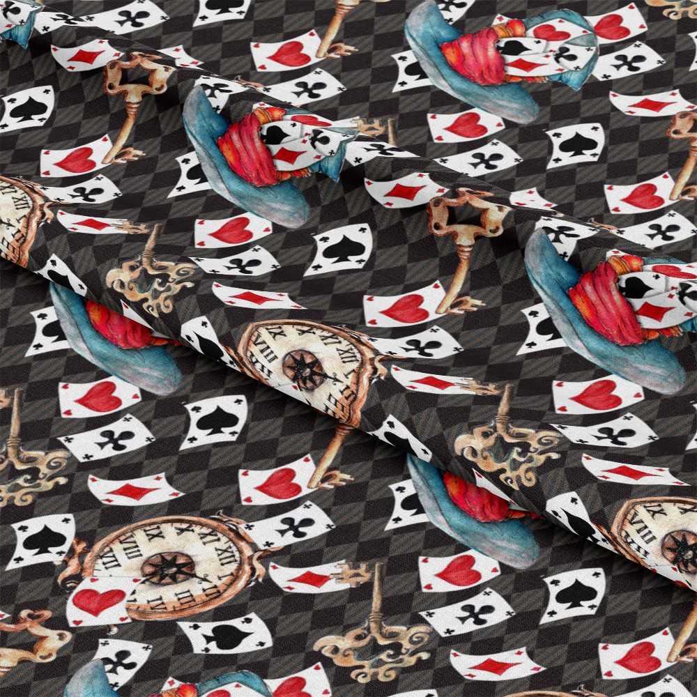 Alice in Wonderland Pattern 7 Quilting Cotton Fabric featuring playing cards, vintage pocket watches, colorful hats, black, red, white colors, whimsical design, cotton textile, quilting material, printed fabric, traditional theme, soft texture, premium cotton fabric.