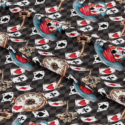 Alice in Wonderland Pattern 7 Quilting Cotton Fabric featuring playing cards, vintage pocket watches, colorful hats, black, red, white colors, whimsical design, cotton textile, quilting material, printed fabric, traditional theme, soft texture, premium cotton fabric.